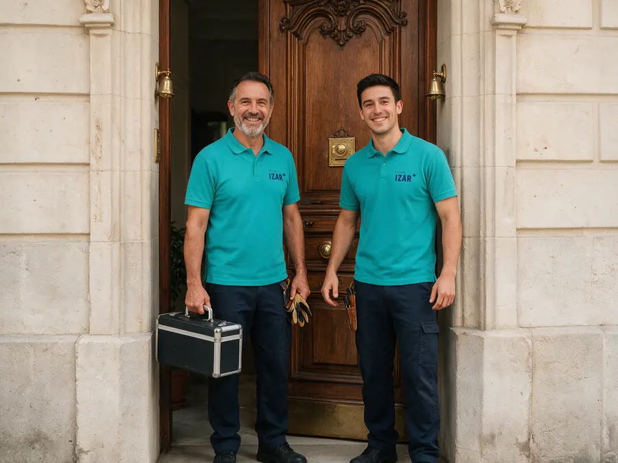 Dos persianistas de Izar delante del portal de un edificio de Bilbao