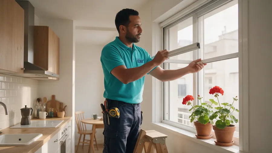 Técnico de Izar colocando una mosquitera en una cocina