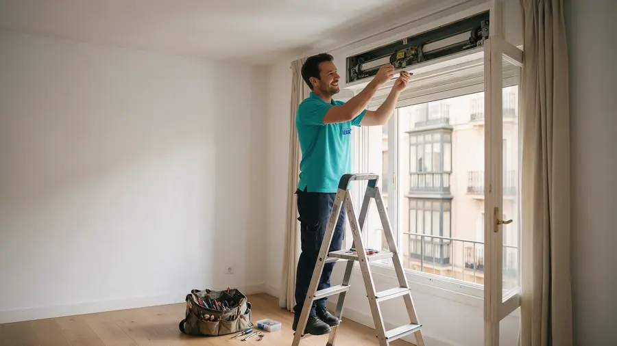 Persianista reparando el mecanismo de una persiana en un piso de Bilbao